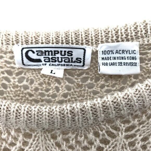 Vintage Campus Casuals‎ Pullover Sweater Womens Sz L Beige Short Sleeve Crochet - Picture 4 of 7